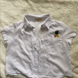 White Button Up Crop Shirt W/Pineapple